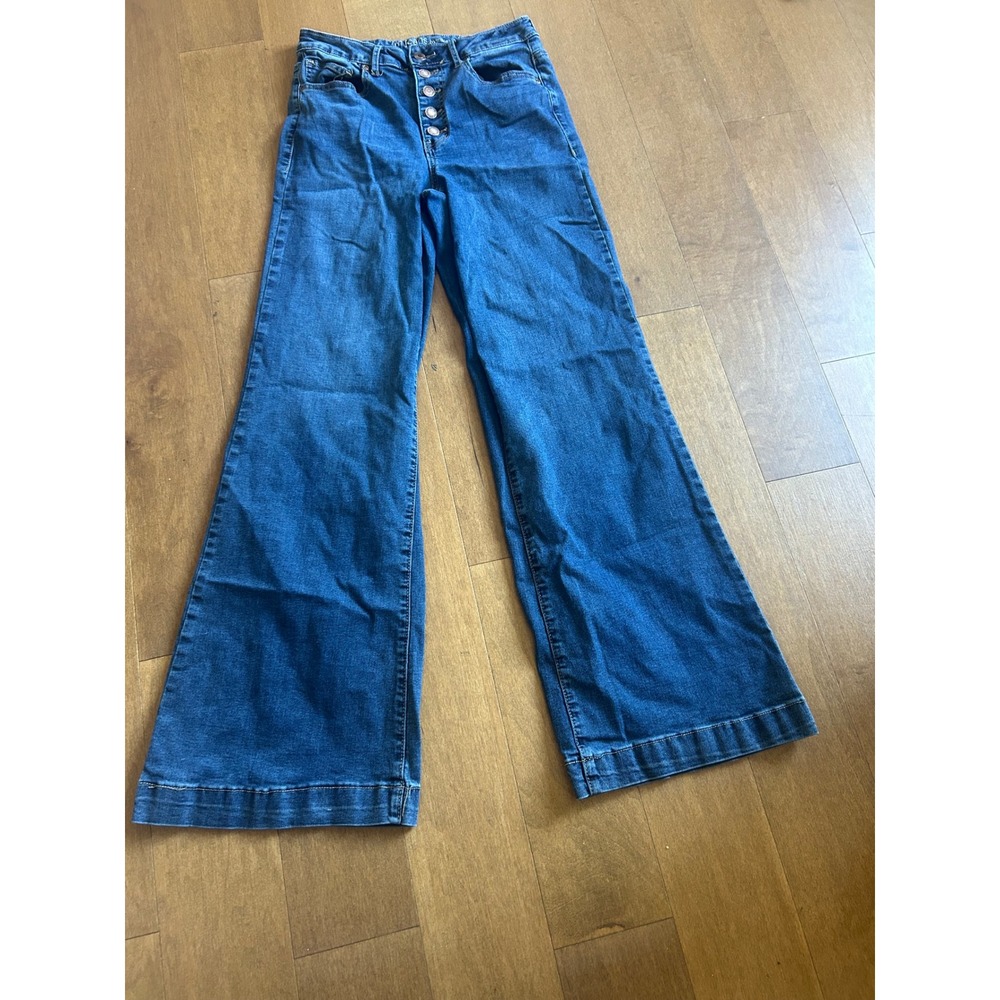 M Jeans by Maurices Super High Rise Flare Jeans 8 Long Blue Button Fly Wide Leg